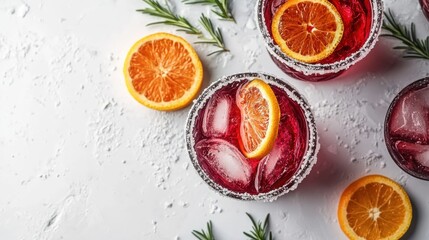 Three elegant glasses of blood orange gin cocktail garnished with fresh rosemary sprigs on a rustic wooden table