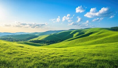 Fototapeta premium Lush green hills under a vibrant sky. Rolling hills covered with fresh, vibrant green grass meet a clear blue sky dotted with puffy white clouds. Sunlight bathes the landscape in a warm glow