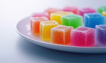 A vibrant collection of colorful fruit jellies, dusted with sugar, are arranged on a pristine white plate.