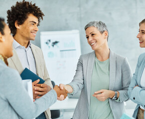 Obraz premium young business businesswoman handshake hand shake shaking meeting agreement office teamwork partner businessman hand startup creative black