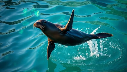 Obraz premium A sleek, dark-furred seal gracefully leaps from the vibrant turquoise water, its body glistening as it ascends, creating a mesmerizing splash of white froth.