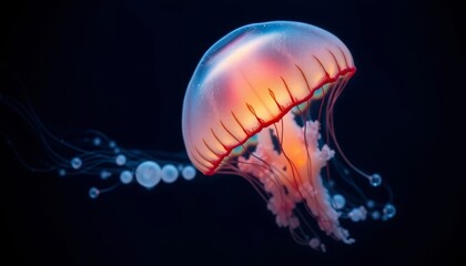 Mesmerizing underwater scene featuring a luminous jellyfish with vibrant, translucent bell and flowing tentacles, exhibiting bioluminescent glow in dark aquatic environment