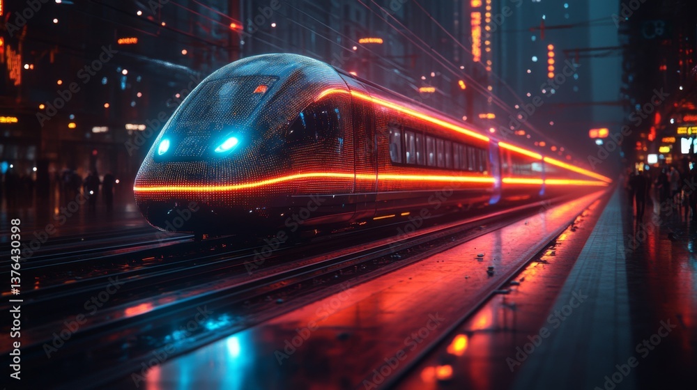 Aufkleber a sleek autonomous train glides down tracks illuminated by neon lights, demonstrating advanced mobil