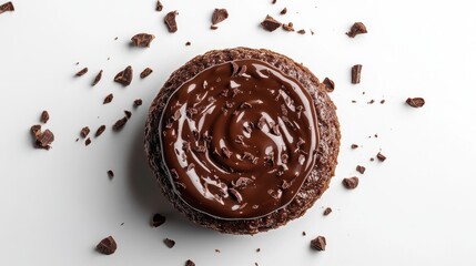 Top down view of a rich chocolate lava cake with melting center surrounded by elegant presentation details