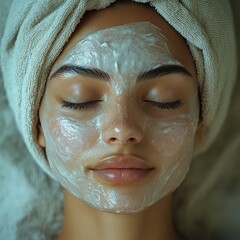 Aesthetic facial treatment with white mask, soft towel headwrap, and closed eyes