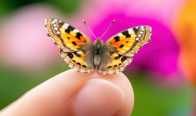 Obraz premium A vibrant Painted Lady butterfly delicately rests on a fingertip, showcasing its intricate wing pattern.