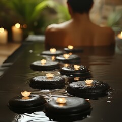 Hot stone therapy on the back, with steam and soft lighting