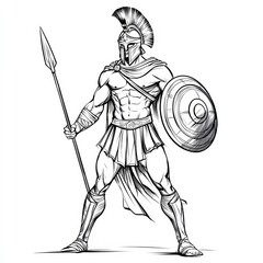 Obraz premium Ancient Spartan Warrior: A powerful illustration of a Spartan warrior, clad in classic armor and helmet, brandishing a spear and shield, ready for battle.
