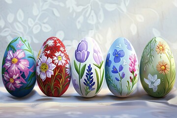 Fototapeta premium Row of floral Easter eggs on icy blue background