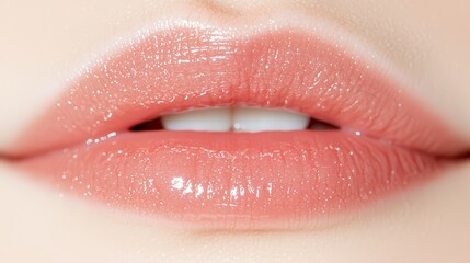 Close up of perfectly glossed, natural lips with a subtle hint of pink lipstick, beauty concept.