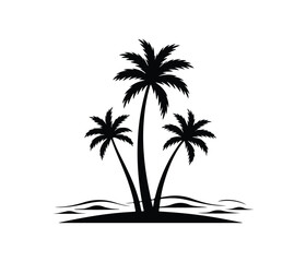 Fototapeta premium Simple Black Silhouette of Tropical Palm Trees. three palm trees on a small island with white background.