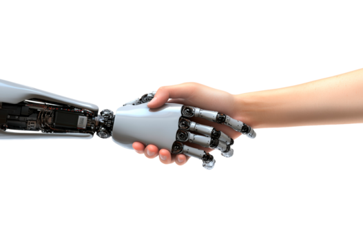Human and robot hands shaking to symbolize collaboration isolated on transparent background