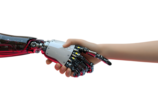 Human and robot hands shaking to symbolize collaboration isolated on transparent background