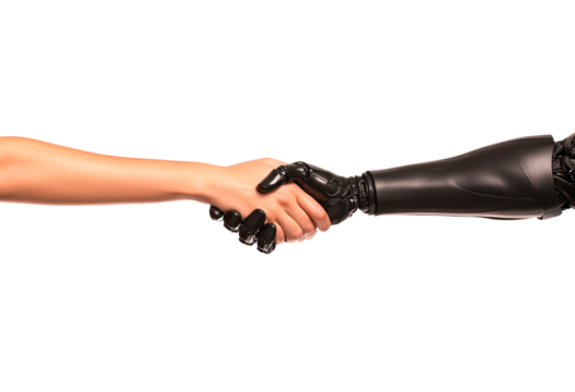 Human and robot hands shaking to symbolize collaboration isolated on transparent background - Powered by Adobe