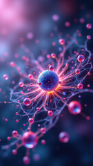 Fototapeta premium A detailed microscopic view of a cell with a focus on a GLP-1 molecule surrounded by pink and blue colored organelles and structures within the cytoplasm.