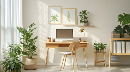 A bright and airy workspace featuring a wooden desk, ergonomic chair, indoor plants, and neutral colors, creating a perfect work-from-home environment. Great for productivity and lifestyle content.