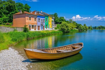 Obraz premium A sailing boat docked along the MotÅ‚awa River, with reflections of colorful townhouses in the water