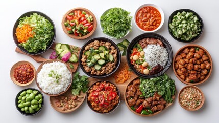Fototapeta premium Top down view of a colorful spread of various asian foods in bowls showcasing a rich culinary heritage and diversity