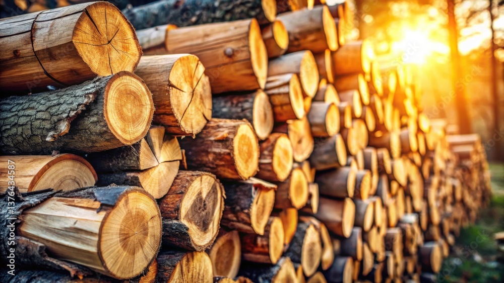 Poster golden hour lumber stack a sunlit display of neatly arranged timber logs, showcasing the warm tones 