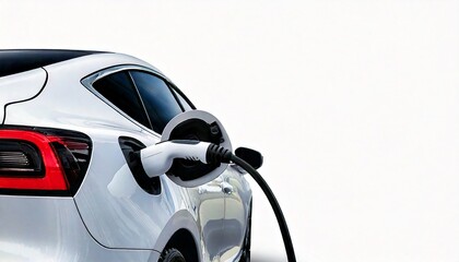 Close-up EV plug connected white modern EV Car for recharging battery energy, isolated