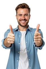 Homem sorrindo fazendo sinal de positivo com dedão joinha thumbs up em fundo transparente