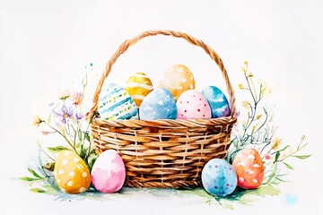 A delightful wicker basket overflowing with vibrantly painted Easter eggs, nestled amongst delicate spring blossoms in a soft watercolor style.