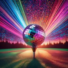 A shimmering disco ball perched on a golf tee creates a playful party on the green, bursting with colorful light