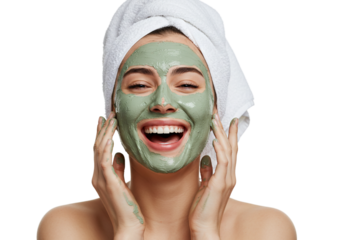 Woman happily using beauty products for skincare routine.