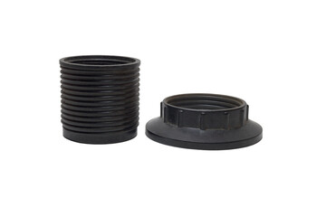 Vintage lamp holder, black phenolic threaded shell, shade ring. isolated on white background