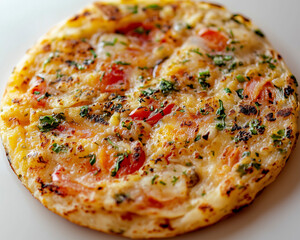 Close-up of Uttapam with a focus on its diverse textures against a white background.