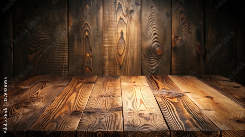 Poster rustic wooden tabletop display with warmly lit wooden background ideal for product placement and moc