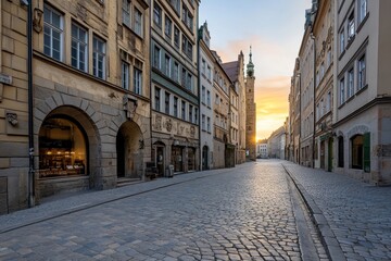 Obraz premium A sunset view of the Green Gate (Brama Zielona) leading into Long Market, framed by golden light