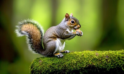 Obraz premium A cute squirrel perched on a mossy branch is enjoying a nut in the lush forest.