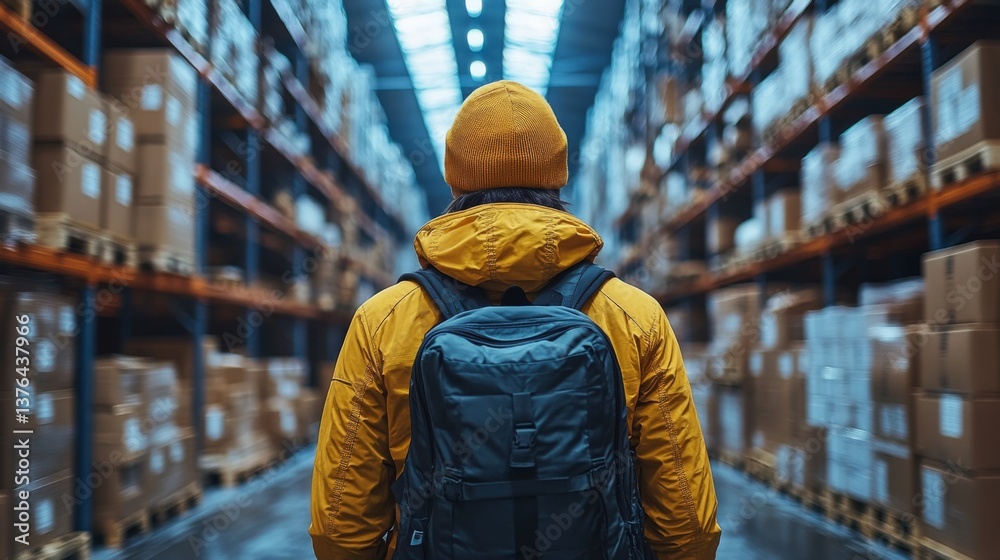 Poster A worker in a yellow jacket and beanie stands in a large warehouse, facing rows of neatly stacked boxes on pallets, analyzing logistics and organization methods.