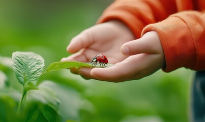 A little child gently cradles a ladybug on a green leaf, exploring the wonders of nature.