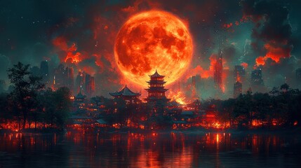 A fiery red moon dominates a night scene over a tranquil water body reflecting the glow, with ancient buildings and trees silhouetted against the dramatic sky