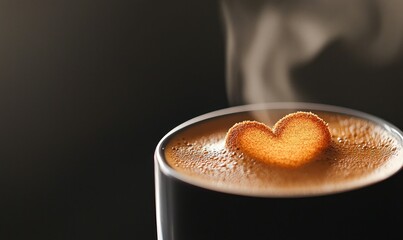 A heart-shaped biscuit floats on top of a steaming cup of coffee, creating a loving and cozy scene.