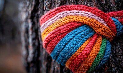 A vibrant rainbow knit scarf embraces a tree trunk, adding a splash of color to the bark.