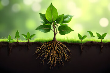 Witnessing the powerful growth of a sapling, from its humble beginnings to a thriving plant with extensive roots, against a soft, green backdrop.