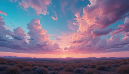 Serene Sunset Over Rolling Hills with Colorful Clouds and Sky