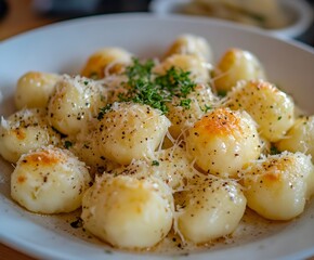 A plate of fluffy gnocchi with cheese and herbs, in an elegant restaurant setting.