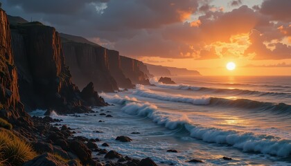 Obraz premium Majestic Sunset Over Rugged Cliffs and Gentle Ocean Waves