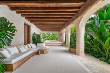 Fototapeta premium A wellness retreat with large open-air seating, wooden beams, and lush green plants throughout