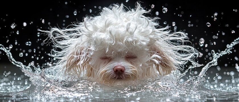 A fluffy white dog emerges from water, its fur soaking wet and eyes closed.  Water droplets surround it, creating a dynamic splash