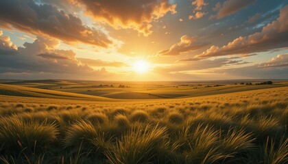 Beautiful Golden Sunrise Over Rolling Fields and Vibrant Clouds