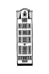 Amsterdam old house. Landmark of the Netherlands. Hand-drawn facades of old buildings collection. Black and white vector illustration.