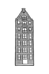 Amsterdam old house. Landmark of the Netherlands. Hand-drawn facades of old buildings collection. Black and white vector illustration.