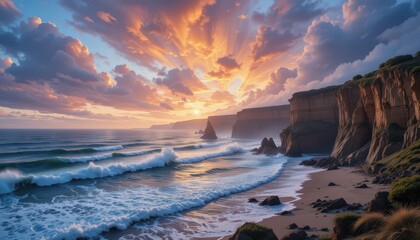 Obraz premium Stunning Sunrise Over Rocky Coastline with Dramatic Cloud Formation