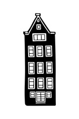 Amsterdam old house. Landmark of the Netherlands. Hand-drawn facades of old buildings collection. Black and white vector illustration.
