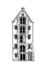 Amsterdam old house. Landmark of the Netherlands. Hand-drawn facades of old buildings collection. Black and white vector illustration.